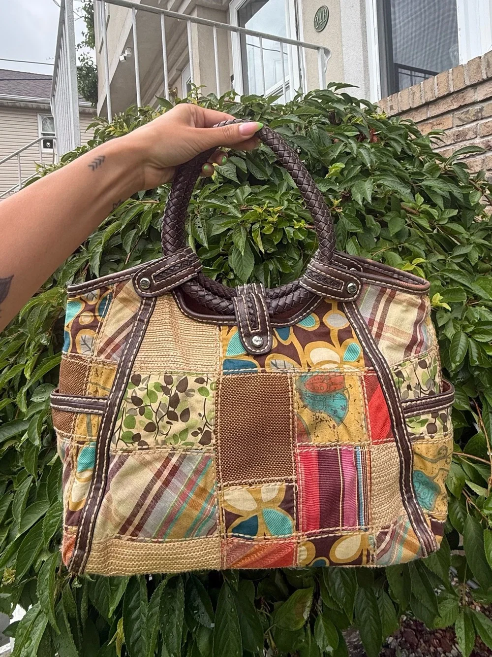 Vintage Fossil Patchwork Tote Bag Y2K Boho Leather Trim Shoulder Bag EUC